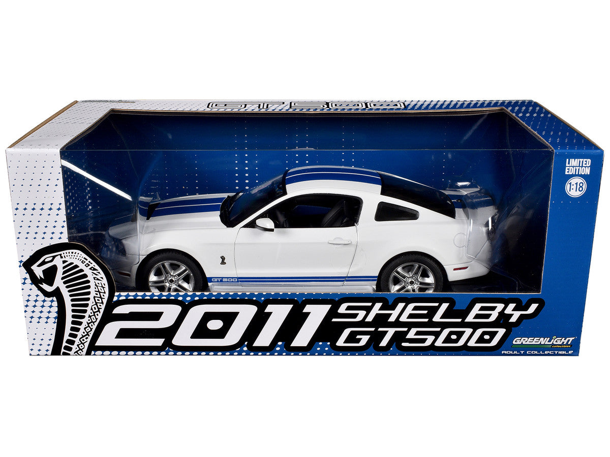 2011 Shelby GT500 Performance White with Grabber Blue Stripes 1/18 Diecast Model Car by Greenlight-1