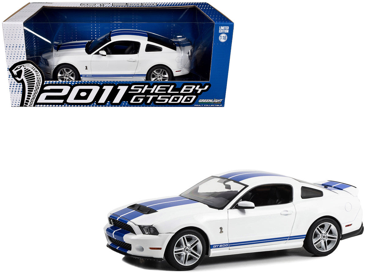 2011 Shelby GT500 Performance White with Grabber Blue Stripes 1/18 Diecast Model Car by Greenlight-2